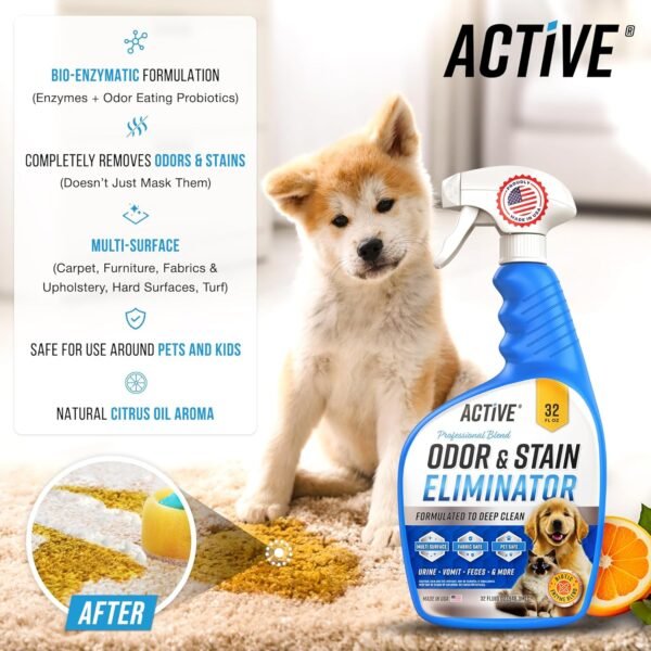 Pet Odor and Stain Eliminator - 32 oz ACTIVE Enzyme Cleaner for Dog & Cat Urine, Stain Remover Spray for Carpet, Upholstery, Hardwood, Spot Cleaning, Deodorizer for Dogs Cats Pets - Natural Citrus Oil - Image 6