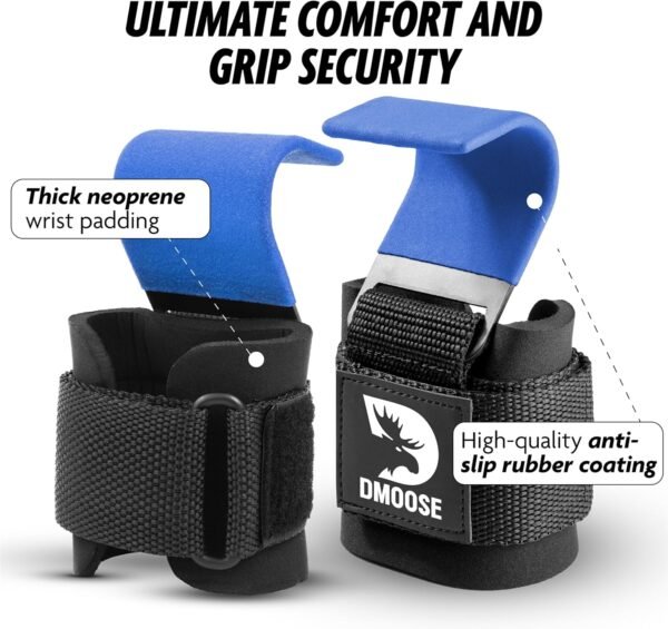 DMoose Fitness Weight Lifting Hooks for Men & Women (Pair) - 8 mm Thick Wrist Padding - Weight Lifting Grips for Powerlifting, Shrugs, Rows & Deadlift Support - Gym Lifting Straps with Pull Up Hooks - Image 2