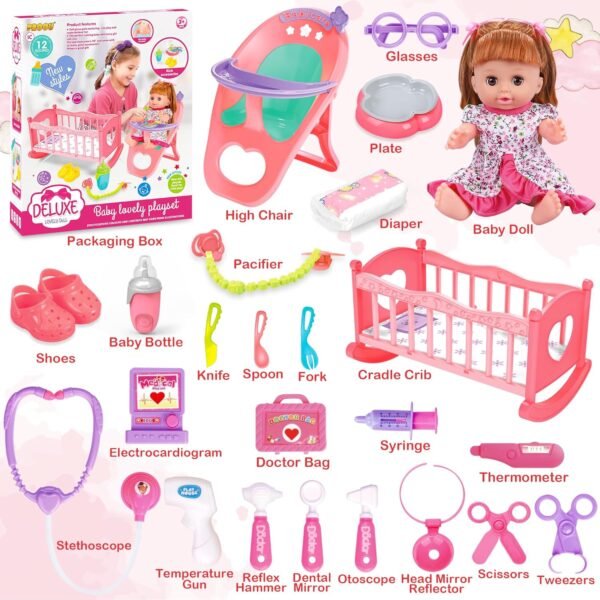 Baby Doll Toys Set, 14" Doll Toys, 25Pcs Doll Care Toy Playset, Toddlers Toy Doll Set Incl Cradle Crib, High Chair, Milk Bottle, Pacifier, Diaper, Baby Toy Gift for Age 3 4 5 6+ Years Old Girls Boys - Image 5