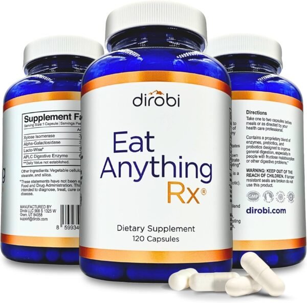 Dirobi Eat Anything Xylose Isomerase Fructose Malabsorption Enzymes, FODMAP Supplement, Digestive Enzymes for Better Lactose, Fat, Protein & Carbohydrate Digestion Gas & Bloating Relief 120 Capsules