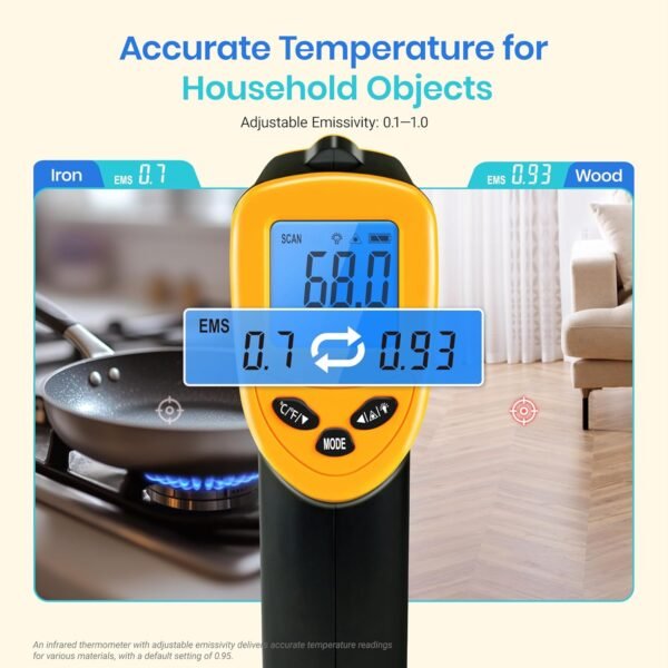 Etekcity Infrared Thermometer Laser Temperature Gun 774, Meat Food Candy Oven Thermometer for Griddle Accessories, Heat Gun for Cooking Refrigerator Tools, Yellow, -58°F to 842°F - Image 8