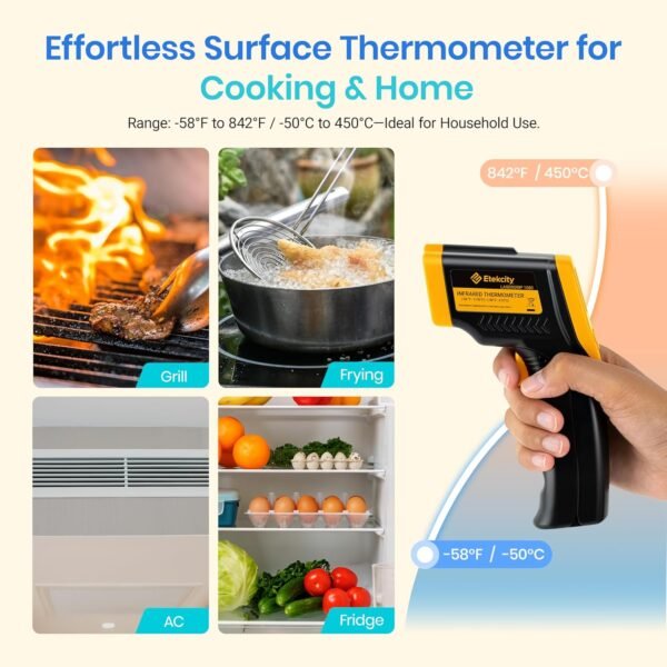 Etekcity Infrared Thermometer Laser Temperature Gun 774, Meat Food Candy Oven Thermometer for Griddle Accessories, Heat Gun for Cooking Refrigerator Tools, Yellow, -58°F to 842°F - Image 9