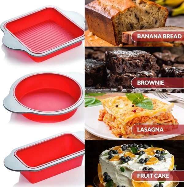 Boxiki Kitchen Silicone Baking Pans Set. 3 PCS Professional Silicone Non-Stick Baking Cake Pans Set includes Silicone Round Cake Pan, Square Cake Pan and Bread Loaf Pan. - Image 7