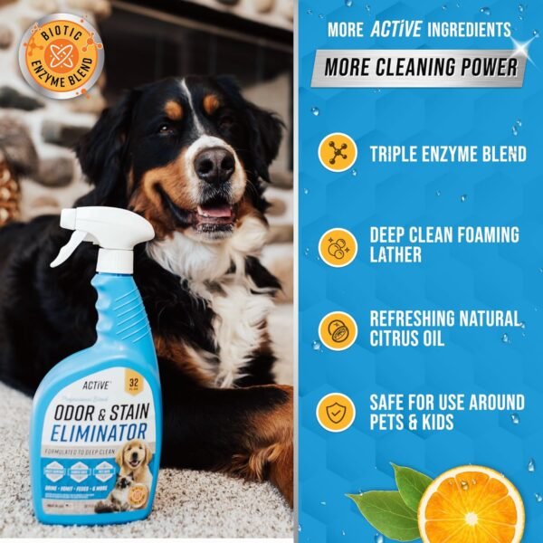 Pet Odor and Stain Eliminator - 32 oz ACTIVE Enzyme Cleaner for Dog & Cat Urine, Stain Remover Spray for Carpet, Upholstery, Hardwood, Spot Cleaning, Deodorizer for Dogs Cats Pets - Natural Citrus Oil - Image 4