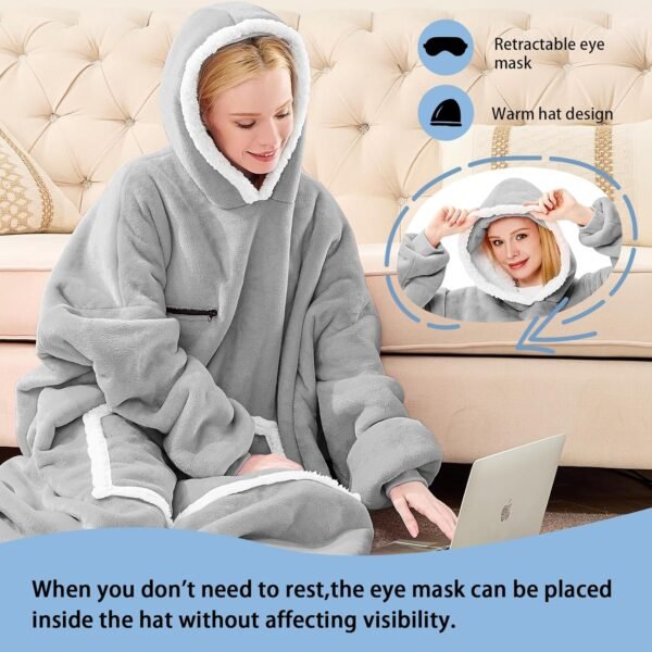 Wearable Blanket Hoodie Oversized Sherpa Fleece Hooded Sweatshirt Blanket with Eye Mask Cozy and Giant Blanket Hoodie with Sleeves Extra Long for Adults Men Women, Grey - Image 7