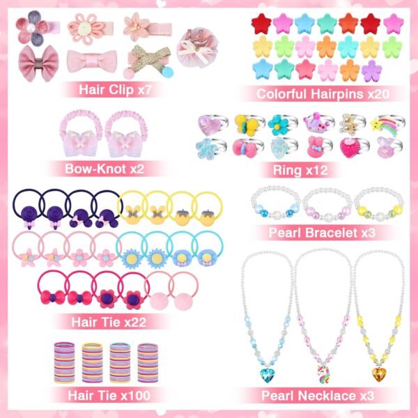 Jewelry Toys for Girls, 172Pcs Jewel Rings, Necklaces, Bracelets, Hair Ties, Hair Clips, Princess Dress Up Toys Pretend Play Jewelry Set, Gift Toys for Age 3 4 5 6 7 8 9+ Girls Kids Toddlers - Image 7