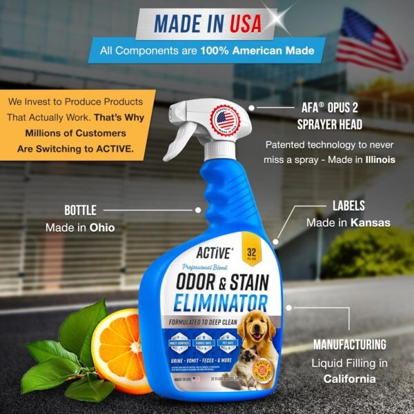 Pet Odor and Stain Eliminator - 32 oz ACTIVE Enzyme Cleaner for Dog & Cat Urine, Stain Remover Spray for Carpet, Upholstery, Hardwood, Spot Cleaning, Deodorizer for Dogs Cats Pets - Natural Citrus Oil - Image 2