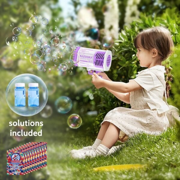 Bubble Gun, Bazooka Bubble Machine Gun, Bubble Blaster Gun with Bubble Solution, 69 Holes Bubble Bazooka Gun Outdoor Summer Toy Gifts Party Favors for Kids Purple Bubble Maker Blowers - Image 7
