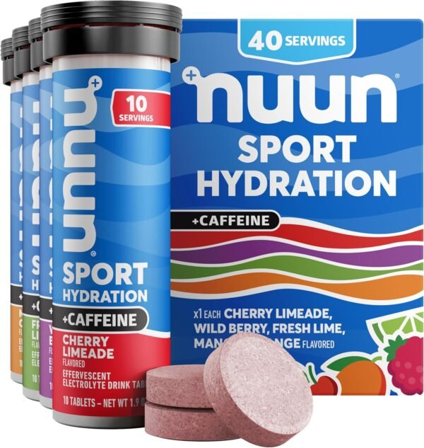 Nuun Sport + Caffeine Electrolyte Tablets for Proactive Hydration, Mixed Flavor Box, 4 Pack (40 Servings)