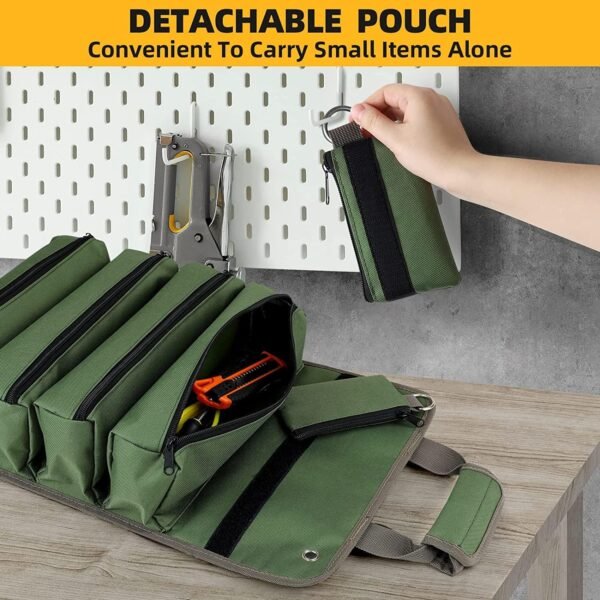 Tool Bag Roll Up, UUP Heavy Duty Tool Organizer for Men Women, Portable Tool Storage with 2 Detachable Zipper Pouch, Compact Small Toolbag for Handyman RV Owners, Father Day Dad Birthday Gifts, Green - Image 2