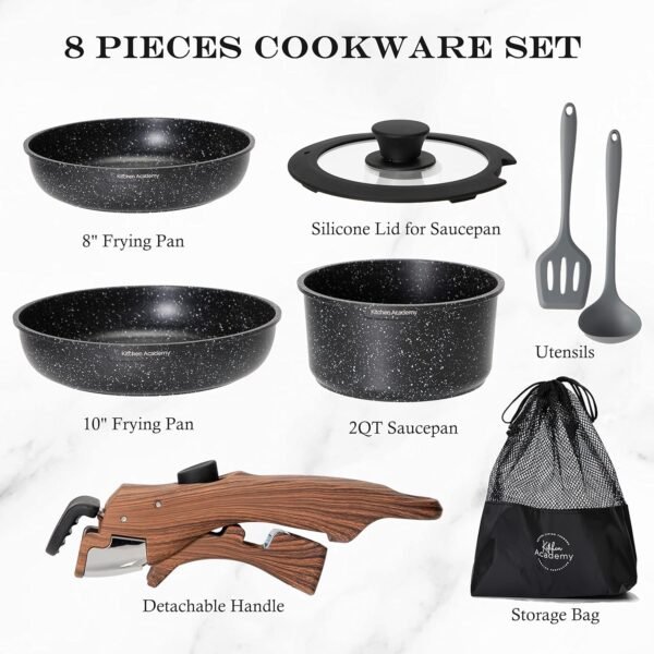 Kitchen Academy Detachable Handle Induction Cookware Sets - 10 Piece Non-stick Cooking Pots and Pans, Black Granite Stackable RV Cookware for Camp - Image 6