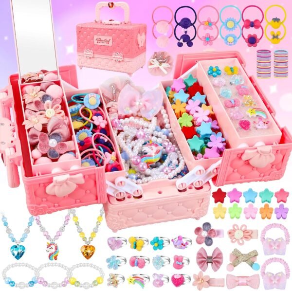 Jewelry Toys for Girls, 172Pcs Jewel Rings, Necklaces, Bracelets, Hair Ties, Hair Clips, Princess Dress Up Toys Pretend Play Jewelry Set, Gift Toys for Age 3 4 5 6 7 8 9+ Girls Kids Toddlers
