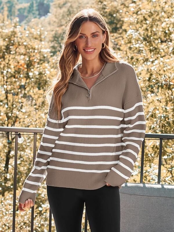 LILLUSORY Women's Quarter Zip Striped Oversized Sweater Mock Turtleneck Pullover Fall Fashion Outfit Winter Trendy Clothes - Image 2