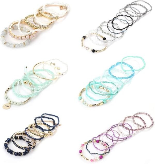 LOYALLOOK 6 Sets Bohemian Stackable Bead Bracelets for Women Stretch Bohemian Style Stretch Multilayered Boho Bracelet Set - Image 3