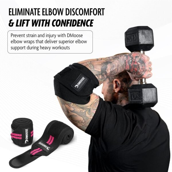 DMoose Fitness Elbow Wraps for Weightlifting (Pair) - 40'' Adjustable Elbow Strap for Gym Workout & Bench Press, Compression Elbow Wraps for Tendonitis & Joint Support, Elbow Sleeve Weightlifting Wrap - Image 4