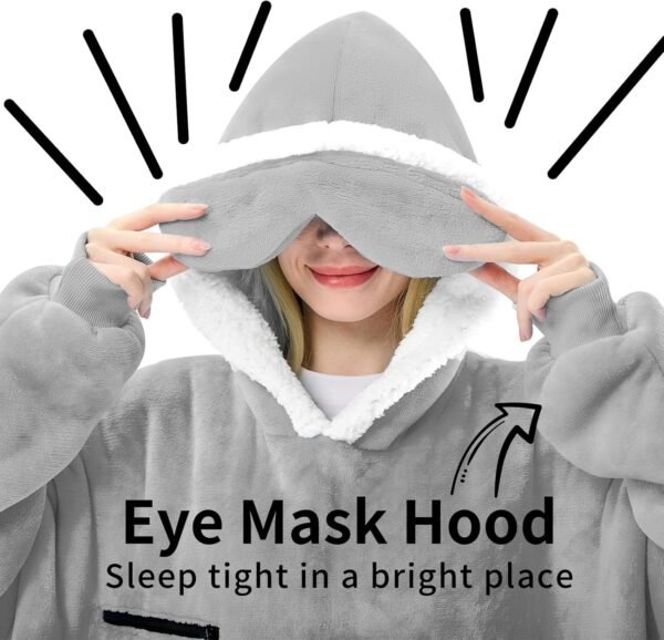 Wearable Blanket Hoodie Oversized Sherpa Fleece Hooded Sweatshirt Blanket with Eye Mask Cozy and Giant Blanket Hoodie with Sleeves Extra Long for Adults Men Women, Grey - Image 5