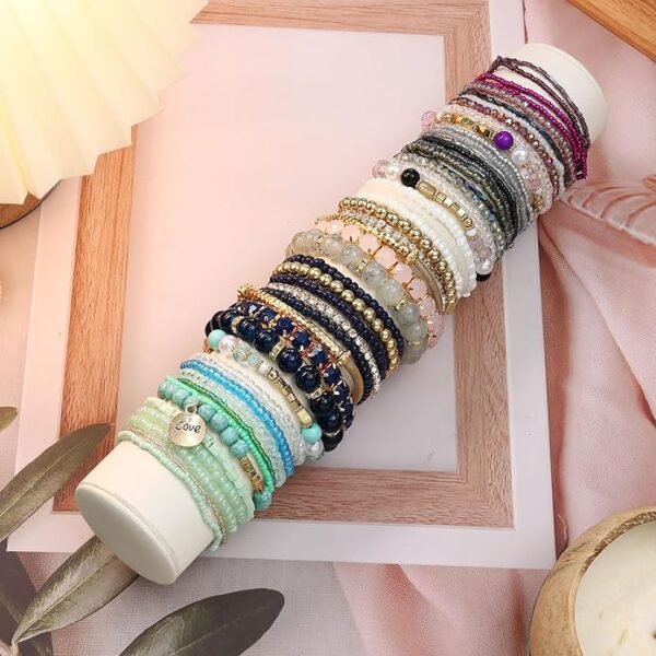 LOYALLOOK 6 Sets Bohemian Stackable Bead Bracelets for Women Stretch Bohemian Style Stretch Multilayered Boho Bracelet Set - Image 4