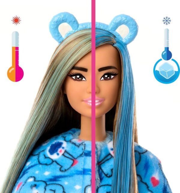 Barbie Cutie Reveal Doll & Accessories, Care Bears Series, Fashion Doll with Grumpy Bear Plush Costume & 10 Surprises Including Color Change & Mini Bear - Image 2