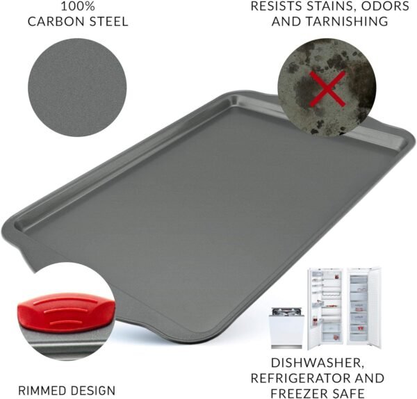 Boxiki Kitchen Non-Stick Baking & Cookie Sheet Pan Non-Toxic 11x14 Inch Rimmed Carbon Steel Baking Sheet. Dent, Warp and Rust Resistant. Heavy Gauge Steel Oven Baking Sheet. 1 Tray. - Image 5