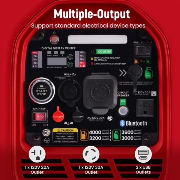 maXpeedingrods 4000 Watt Dual Fuel Inverter Generator with Bluetooth® Control Start and Display, RV Ready, Electric Start, Quiet for Outdoor Camping, Home Backup, Garden，PGMA Compliant - Image 9