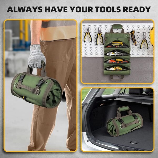 Tool Bag Roll Up, UUP Heavy Duty Tool Organizer for Men Women, Portable Tool Storage with 2 Detachable Zipper Pouch, Compact Small Toolbag for Handyman RV Owners, Father Day Dad Birthday Gifts, Green - Image 4