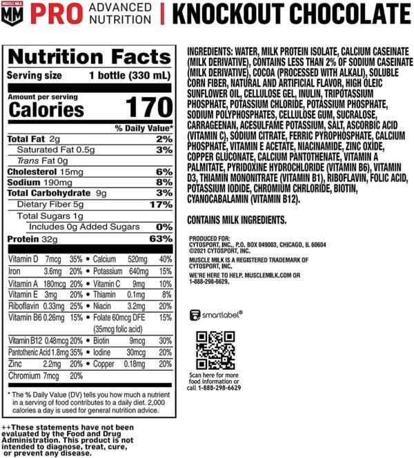 Muscle Milk Pro Advanced Nutrition Protein Shake, Knockout Chocolate, 11.16 Fl Oz (Pack of 12), 32g Protein, 1g Sugar, 16 Vitamins & Minerals, 5g Fiber, Workout Recovery, Energizing Snack, Packaging May Vary - Image 3
