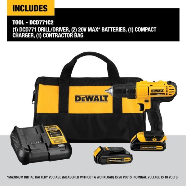 DEWALT 20V Max Cordless Drill/Driver Kit, 2 Batteries and Charger Included (DCD771C2) - Image 4