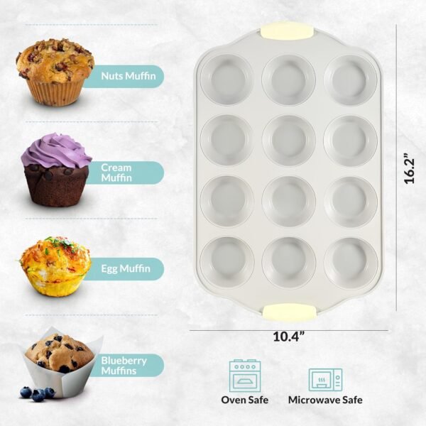 Boxiki Kitchen 12 Cups Ceramic Coated Muffin Pan for Baking - Durable Steel Frame Cupcake Pan w/Nonstick Surface - Professional Muffin Tray with Silicone Handles - Image 5