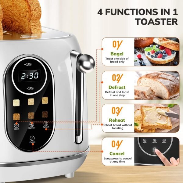 Keenstone Smart Touch Screen Toaster 2 Slice, Retro Wide Slot Stainless Steel Toaster with 6 Browning Levels, Reheat & Defrost, for Bagel, Toast, Bread, Removable Crumb Tray, White - Image 2