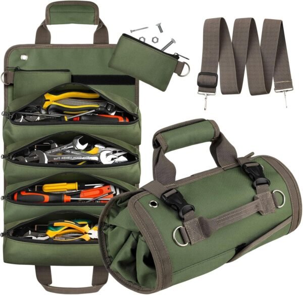 Tool Bag Roll Up, UUP Heavy Duty Tool Organizer for Men Women, Portable Tool Storage with 2 Detachable Zipper Pouch, Compact Small Toolbag for Handyman RV Owners, Father Day Dad Birthday Gifts, Green