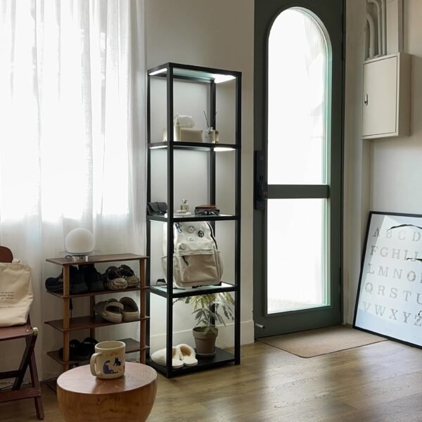 FENLO Fantasy Plus - Tall Display Shelf with Dimmable LED Floor Lamp, Sturdy Curio Cabinet with Glass Bookcase, Glass Display Shelves for Bedroom Decor, Open Bookshelf with Color Changing Temps - Image 2