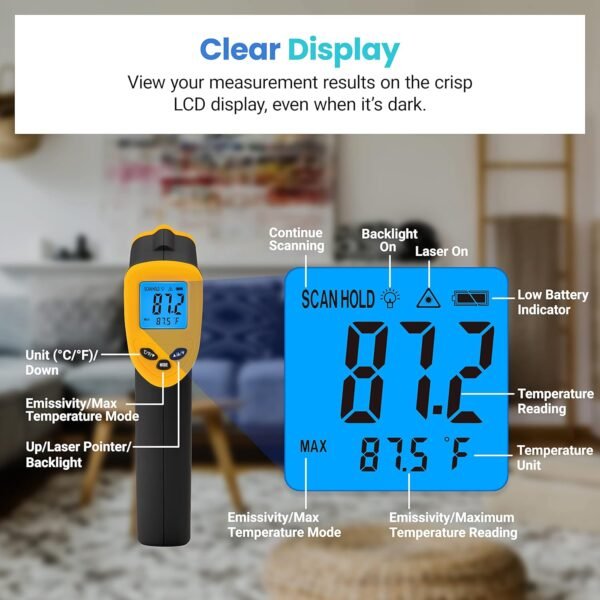Etekcity Infrared Thermometer Laser Temperature Gun 774, Meat Food Candy Oven Thermometer for Griddle Accessories, Heat Gun for Cooking Refrigerator Tools, Yellow, -58°F to 842°F - Image 6