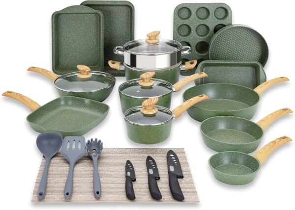 Kitchen Academy Pots and Pans Set Nonstick, 30 Pieces Induction Kitchen Cookware Set, Green Granite Coating Cooking Pans Set