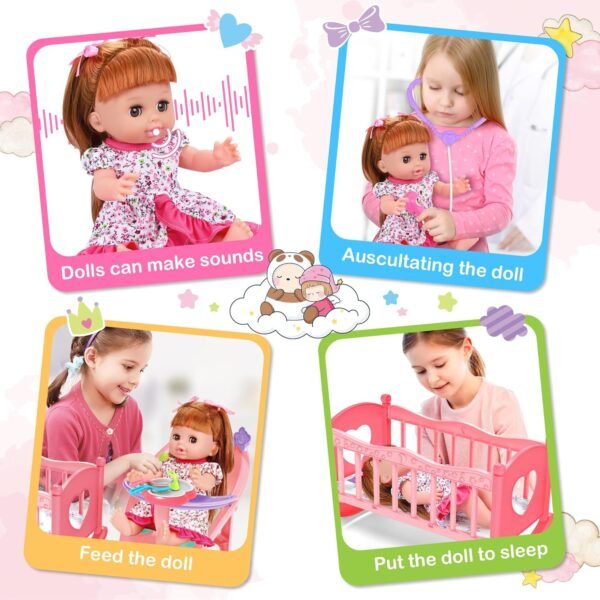 Baby Doll Toys Set, 14" Doll Toys, 25Pcs Doll Care Toy Playset, Toddlers Toy Doll Set Incl Cradle Crib, High Chair, Milk Bottle, Pacifier, Diaper, Baby Toy Gift for Age 3 4 5 6+ Years Old Girls Boys - Image 4