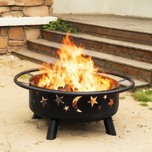 38 Inch Round Fire Pit with Mesh Cover, Fire Poker, Star and Moon Design, Metal Wood Burning Outdoor Firepit for Patio, Backyard, Garden, Bonfire Party,Perfect for Christmas, Thanksgiving, Halloween - Image 3