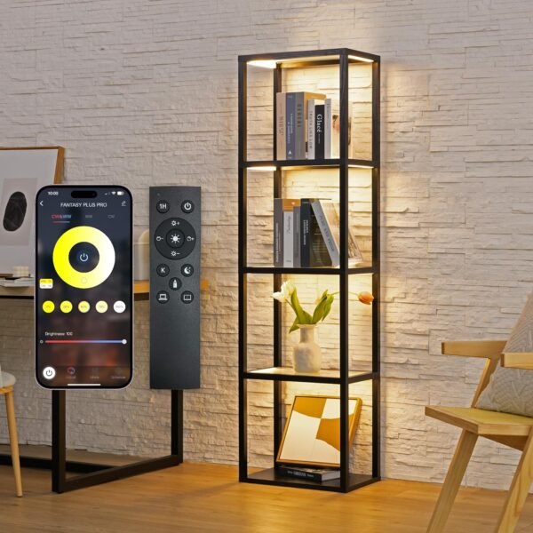 FENLO Fantasy Plus - Tall Display Shelf with Dimmable LED Floor Lamp, Sturdy Curio Cabinet with Glass Bookcase, Glass Display Shelves for Bedroom Decor, Open Bookshelf with Color Changing Temps
