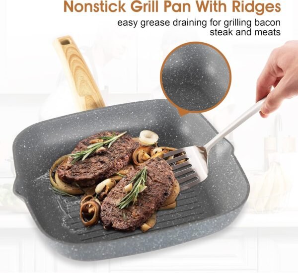 Kitchen Academy Granite Nonstick Cookware Set - 17 Piece Gray Cooking Pans Set, Induction Pots and Pans Set Non Stick, PFOA & PFOS Free. - Image 3