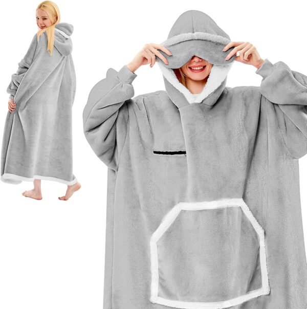 Wearable Blanket Hoodie Oversized Sherpa Fleece Hooded Sweatshirt Blanket with Eye Mask Cozy and Giant Blanket Hoodie with Sleeves Extra Long for Adults Men Women, Grey