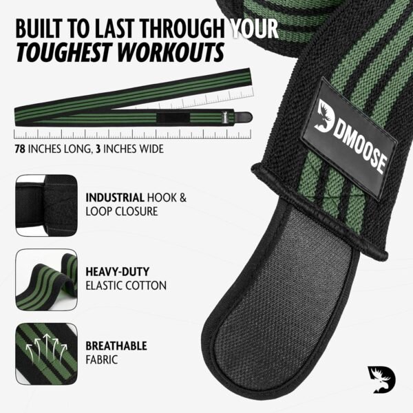 DMoose Fitness Knee Wraps for Weightlifting (Pair) - USPA Approved 78" Cotton Knee Straps for Powerlifting, Leg Press, Squats & Joint Stability - Reinforced Stitching Knee Wrap Support for Men & Women - Image 3