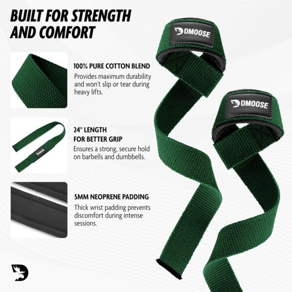 DMoose Fitness Lifting Straps - 4mm Neoprene Padded Wrist Straps for Weightlifting & Powerlifting - Cotton Lifting Strap with Silicone Grip for Men & Women - Durable Deadlift Straps for Gym Workout - Image 5