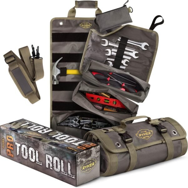 The Ryker Bag PRO Official Tool Roll Organizer – Motorcycle Tool Roll Bag w/4 Detachable Tool Pouches & Wrench Organizer Roll Up Tool Bag for Mechanic. Tool Roll Bag Organizer for Tools Storage