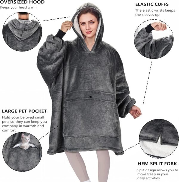 Solaris Oversized Wearable Blanket Hoodie with Pet Pocket, Warm Super Soft Cozy Sherpa Sweatshirt Hoodie for Women Men, Best Gift for Your Loves, Black Ash - Image 6