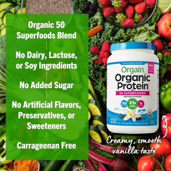Orgain Organic Vegan Protein + 50 Superfoods Powder, Vanilla Bean - 21g Plant Based Protein, 8g Prebiotic Fiber, No Lactose Ingredients, Gluten Free, Non-GMO, 2.02 lb (Packaging May Vary) - Image 7