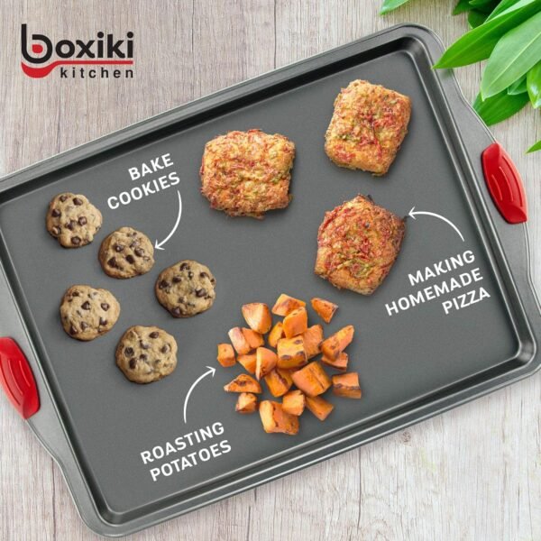 Boxiki Kitchen Non-Stick Baking & Cookie Sheet Pan Non-Toxic 11x14 Inch Rimmed Carbon Steel Baking Sheet. Dent, Warp and Rust Resistant. Heavy Gauge Steel Oven Baking Sheet. 1 Tray. - Image 3