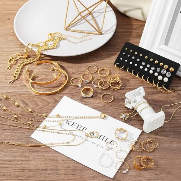 IFKM 36 PCS Gold Plated Jewelry Set with 4 PCS Necklace, 11 PCS Bracelet, 7 PCS Ear Cuffs Earring, 14 Pcs Knuckle Rings for Women Girls Valentine Anniversary Birthday Friendship Gift - Image 2