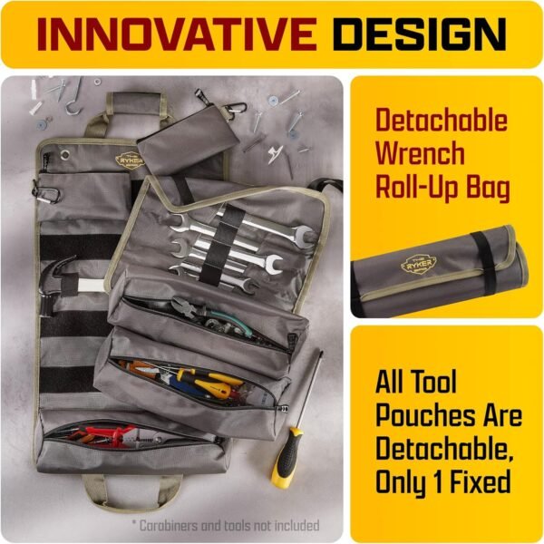 The Ryker Bag PRO Official Tool Roll Organizer – Motorcycle Tool Roll Bag w/4 Detachable Tool Pouches & Wrench Organizer Roll Up Tool Bag for Mechanic. Tool Roll Bag Organizer for Tools Storage - Image 8