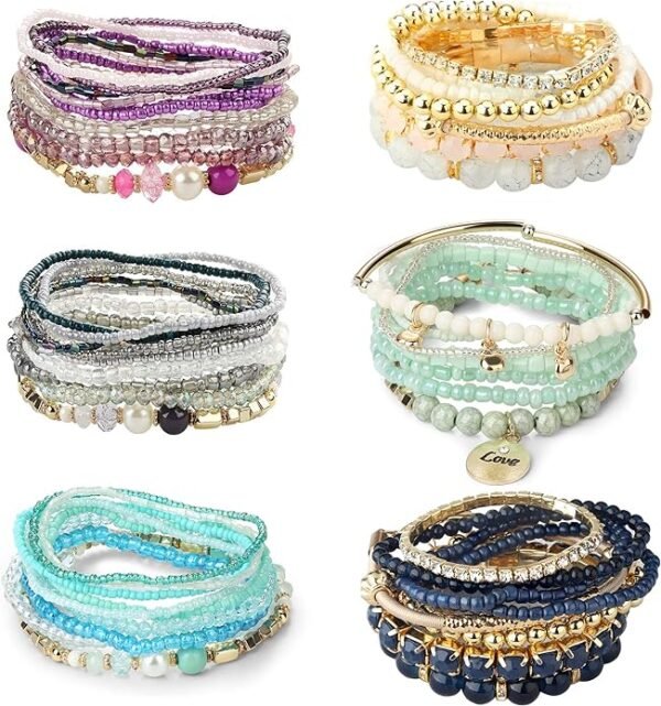LOYALLOOK 6 Sets Bohemian Stackable Bead Bracelets for Women Stretch Bohemian Style Stretch Multilayered Boho Bracelet Set