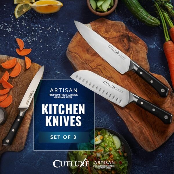Cutluxe Chef Knife Set, 3 PCS Professional Chef's Knife Set – Razor Sharp German Steel, Full Tang, Ergonomic Handles - Artisan Series - Image 7