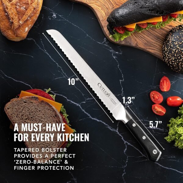 Cutluxe Bread Knife – 10" Serrated Knife for Homemade, Sourdough Bread – Forged High Carbon German Steel – Full Tang & Razor Sharp – Ergonomic Handle Design – Artisan Series - Image 3