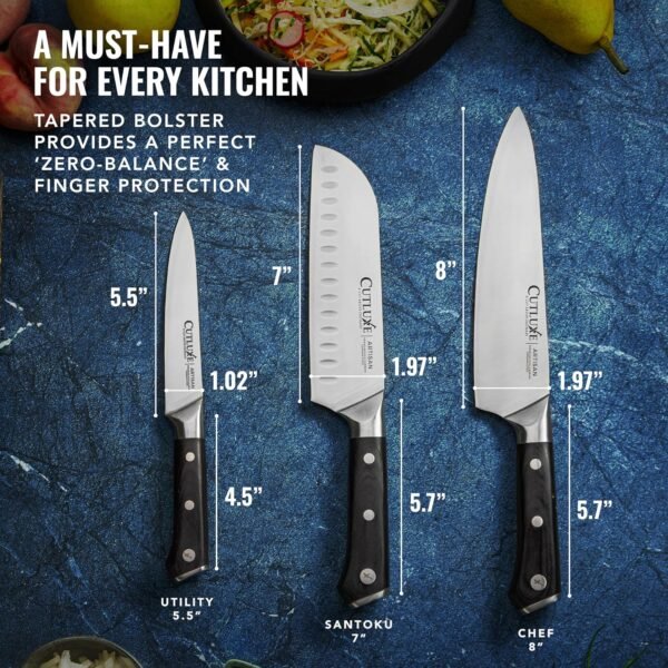 Cutluxe Chef Knife Set, 3 PCS Professional Chef's Knife Set – Razor Sharp German Steel, Full Tang, Ergonomic Handles - Artisan Series - Image 9